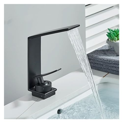 MIYANXI Basin Faucet Waterfall spout Faucet Curved Design Base Mounted Single Hole Single Handle hot and Cold Water Mixer Bathtub Faucet Crane,Kitchen Sink Faucet, Black, WJ5501