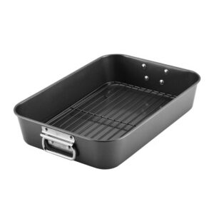 generic krafters non-stick roasting pan 11 inch x 15.5 inch with rack and steel handles for delicious family meals, durable metal bakeware dish, spacious oven roaster tray for cooking, gray, rp0011