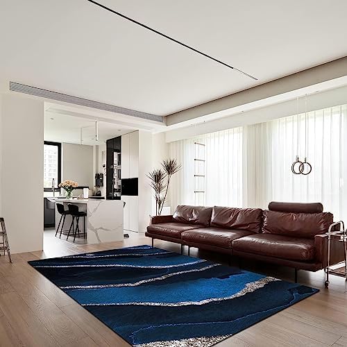 Luxury Navy Blue Marble Rugs for Living Room, 4x6 Area Rug, Black Starry Silver Lines Print Carpet, Non-slip Rug Anti-Shedding Easy to Clean Soft for Bedroom Hotel Office Bar Dorm Mens Room