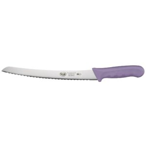 winco 9-1/2" commercial-grade serrated bread/pastry knife with curved handle, purple