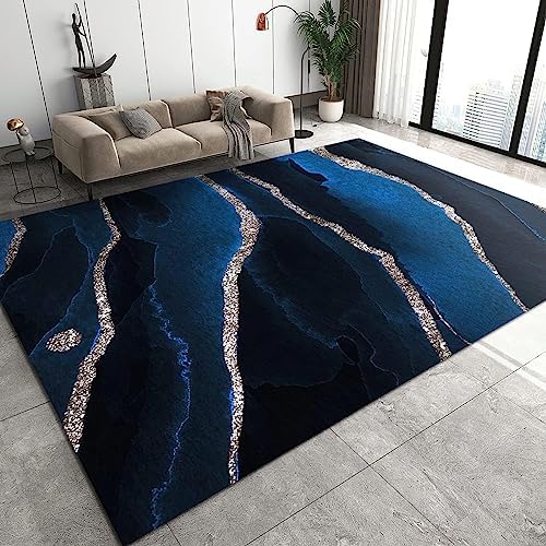 Luxury Navy Blue Marble Rugs for Living Room, 4x6 Area Rug, Black Starry Silver Lines Print Carpet, Non-slip Rug Anti-Shedding Easy to Clean Soft for Bedroom Hotel Office Bar Dorm Mens Room