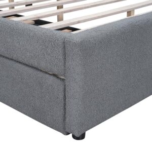 Brisca Queen Size Teddy Fleece Upholstered Platform Bed with Trundle and LED Light,Bed Frame W/Stripe Headboard,for Bedroom,Apartment,Guest Room,Gray