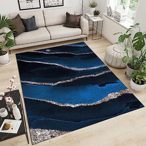 Luxury Navy Blue Marble Rugs for Living Room, 4x6 Area Rug, Black Starry Silver Lines Print Carpet, Non-slip Rug Anti-Shedding Easy to Clean Soft for Bedroom Hotel Office Bar Dorm Mens Room