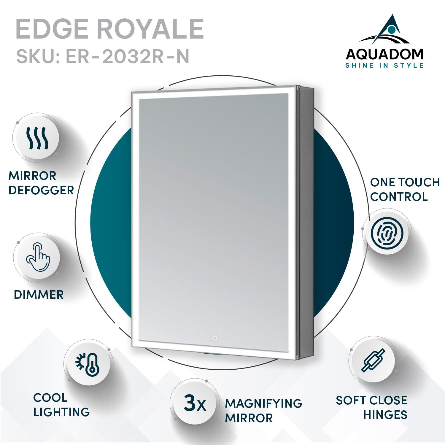 AQUADOM Edge Royale, LED Medicine Cabinet with Defogger, Electrical Outlets, Dimmer, Adjustable LED 3X Magnifying Mirror and Surface Or Recessed Mount. (20W x 32H x 5D Right Hinge)