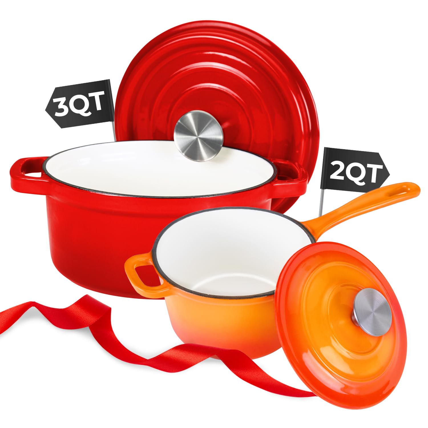 Healthy Choices Cookware Set, 2 Qt Saucepan with Lid & 3 Qt Dutch Oven with Lid, Oven Safe Cookware for Home & Outdoor, Heavy Duty Cast Iron Gift Set for Women, Refrigerate & Serve, All Cooktops 500°F