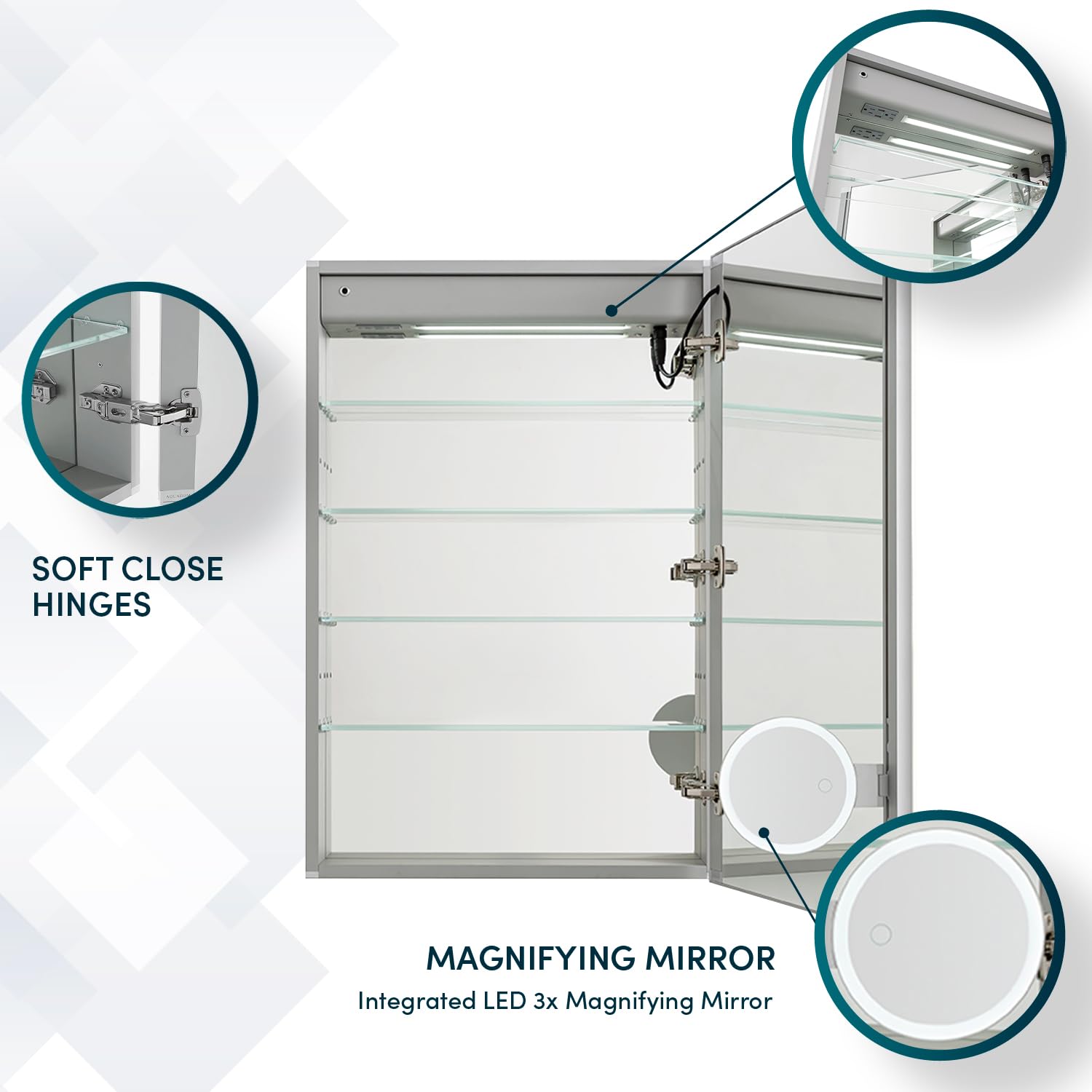 AQUADOM Edge Royale, LED Medicine Cabinet with Defogger, Electrical Outlets, Dimmer, Adjustable LED 3X Magnifying Mirror and Surface Or Recessed Mount. (20W x 32H x 5D Right Hinge)