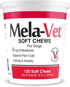 mela-vet melatonin calming soft chews for dogs, vet-formulated to provide relaxation & anxiety relief, helps reduce stress & tension-supports healthier skin & coat.120 tasty soft chews.