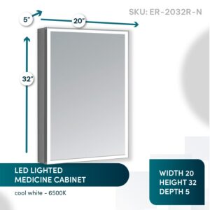 AQUADOM Edge Royale, LED Medicine Cabinet with Defogger, Electrical Outlets, Dimmer, Adjustable LED 3X Magnifying Mirror and Surface Or Recessed Mount. (20W x 32H x 5D Right Hinge)