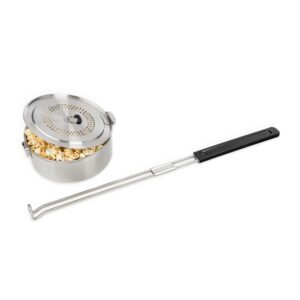 solo stove campfire popcorn maker, stainless steel popcorn popper, fire pit accessory, 3-quart capacity, height: 4 in, length: 34 in, dia: 7.75 in, weight: 2.96 lbs