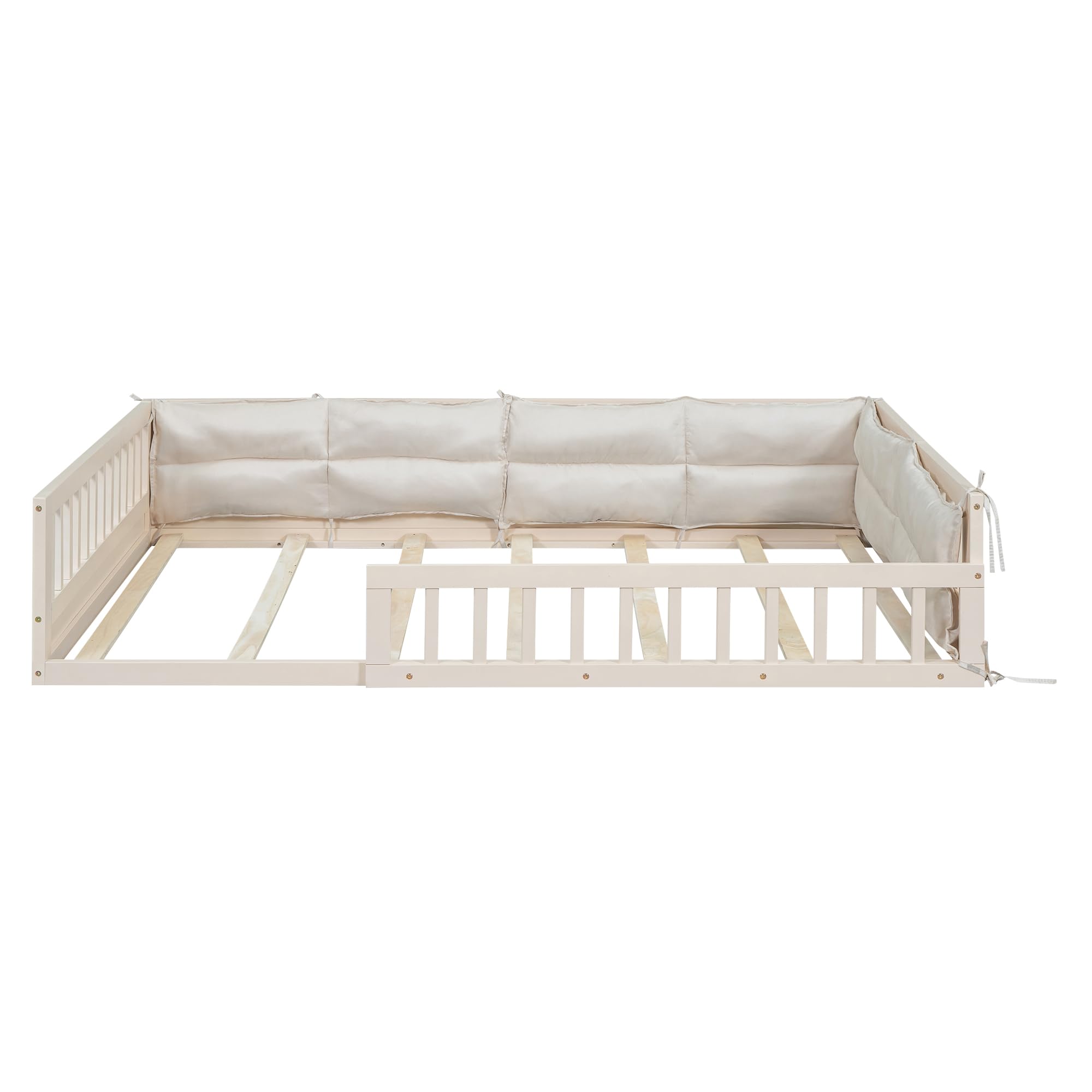 Merax Wood Full Size Upholstered Platform Bed with Guardrail and Pillow, Beige