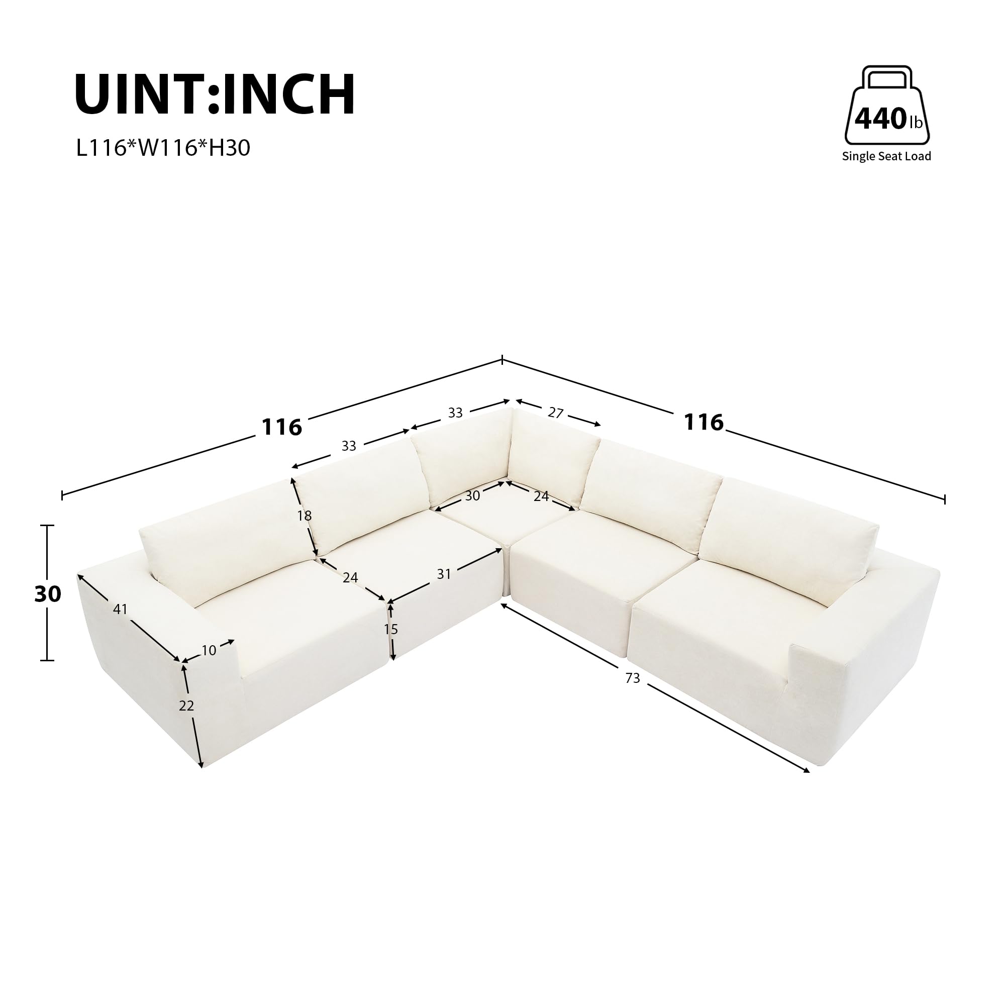 DEINPPA Minimalist Style Modular Sectional Sofa, Terry Cloth Fabric L Shape Cloud Couch, Sleeper Sofa Bed for Living Room, No Assembly Require-Beige