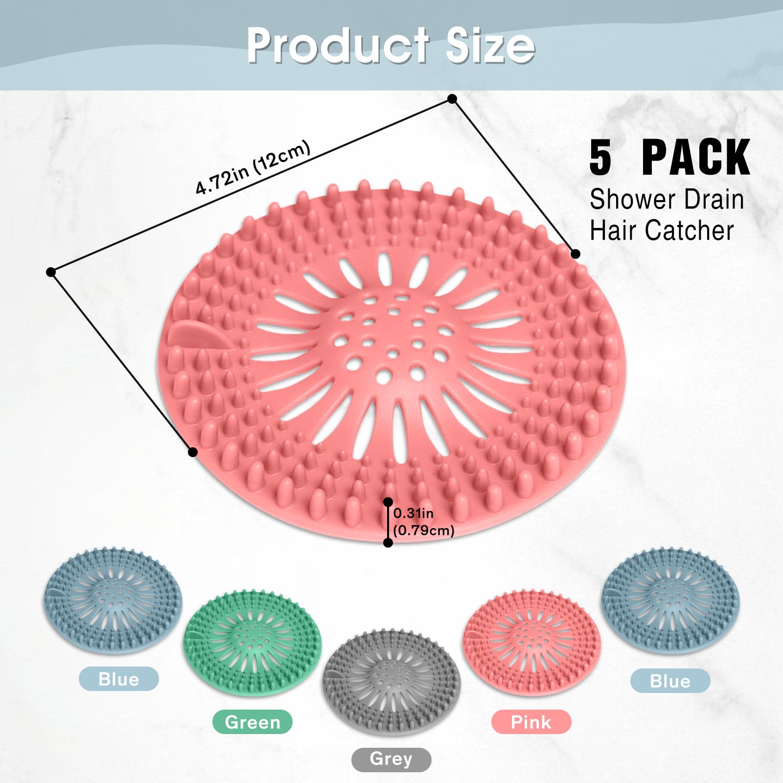 Drain Hair Catcher Durable Silicone Hair Stopper Shower Drain Covers with Iron Easy to Install and Clean Shower Drain Hair Trap Suit for Bathroom Bathtub Tub and Kitchen 5 Pack