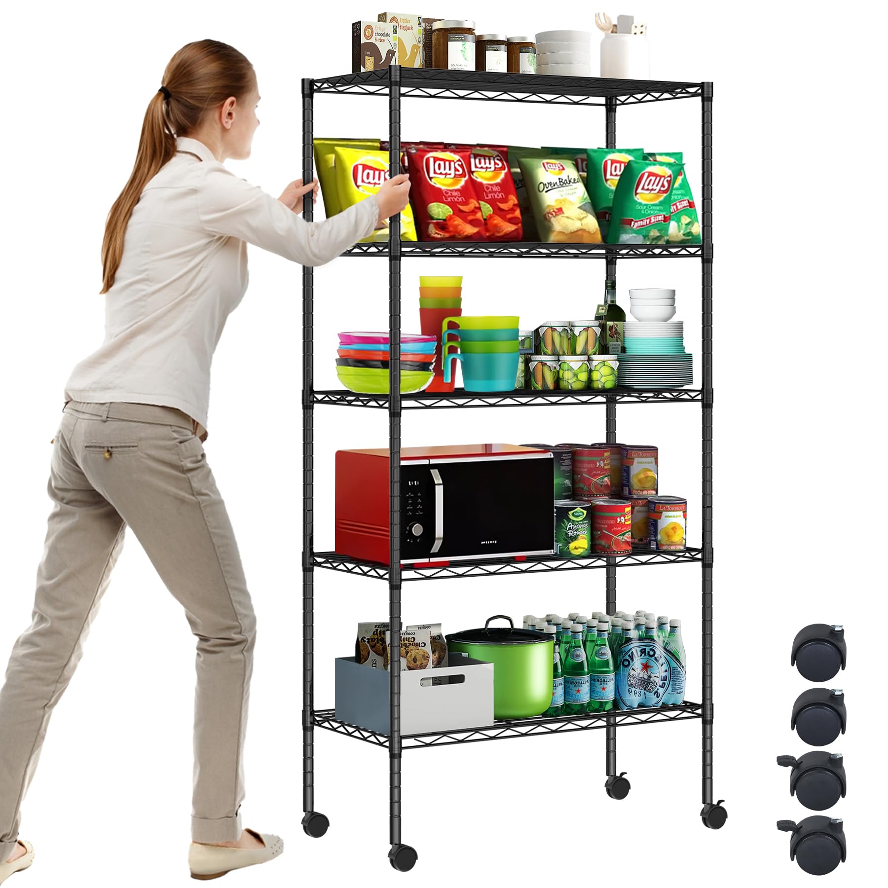 WYGMAV 5-Tier Shelf Metal Storage Rack Shelving Unit Adjustable Wire Shelving Unit Organizer Standing Shelf Units for Kitchen, Garage, Bathroom, Closet - Strong Steel Shelf with Wheels, Black