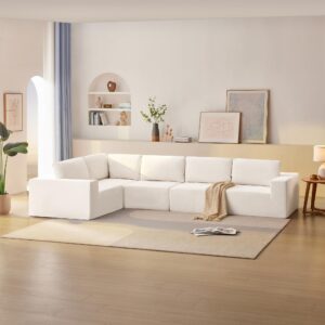 DEINPPA Minimalist Style Modular Sectional Sofa, Terry Cloth Fabric L Shape Cloud Couch, Sleeper Sofa Bed for Living Room, No Assembly Require-Beige