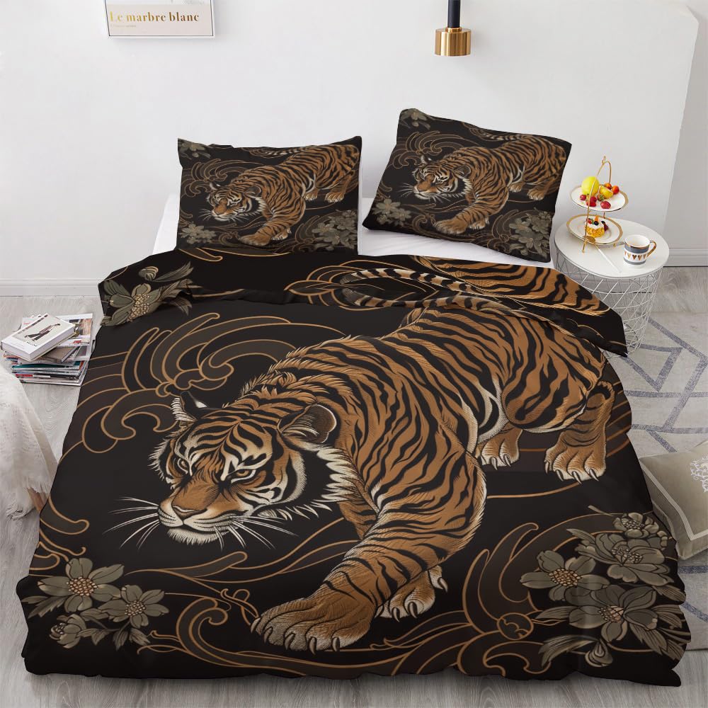 OmErsa Tiger Duvet Cover Oversized King Size Bedding Set 3 PCS, Animal Comforter Cover & 2 Pillowcases Soft Microfiber Patterned Bedroom Decorations for Adults Teens