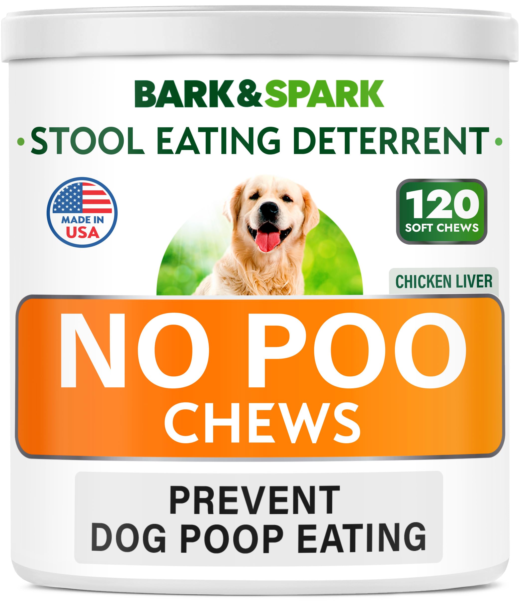 BARK&SPARK NO Poo Treats - Prevent Dog Poop Eating - Coprophagia Treatment - Stool Eating Deterrent - Probiotics & Enzymes - Digestive Health + Breath Aid - 120 Soft Chews - USA Made - Chicken Liver