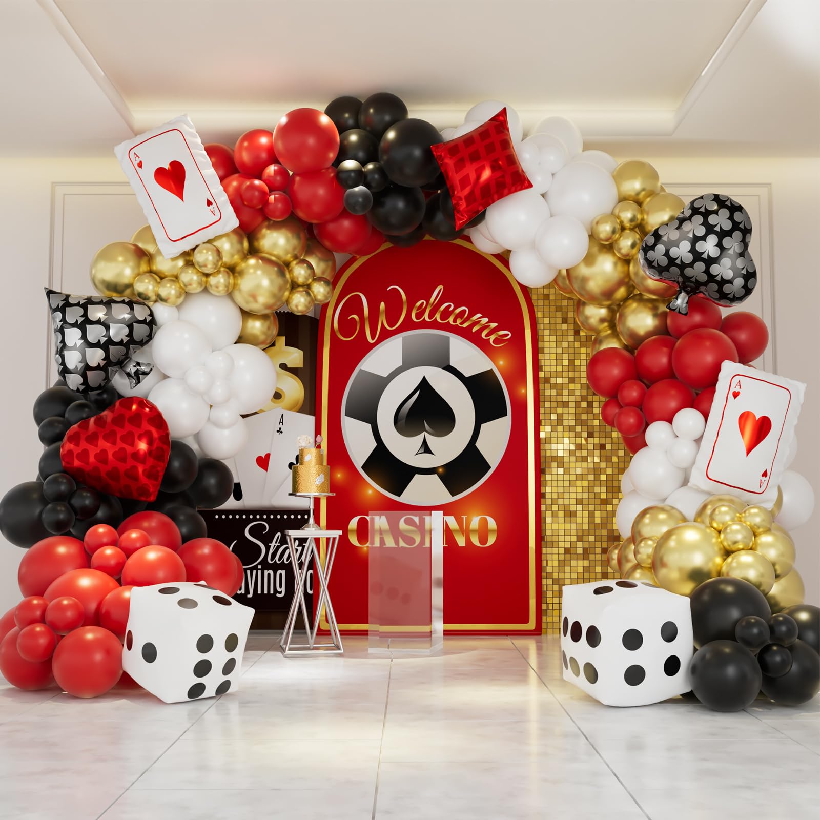 WOZOZOW Casino Theme Party Decorations, Las Vegas Themed Party Decorations, Casino Balloons Arch, Casino Night Poker Birthday Party Decorations, White Red Black Metallic Gold Balloons Arch Kit