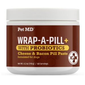 pet md wrap-a-pill with dog probiotics - pill wrap for dogs medicine - easy-to-use paste to hide capsules, create pockets and pill treats for dogs - cheese & bacon (4.2oz)