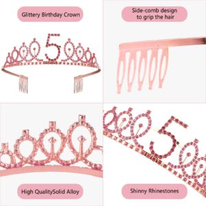 5th Pink Birthday Decorations for Girls,Including 5th Birthday Sash,Rhinestone 5th Birthday Girl Crown Tiara,Cake Topper,Number Candle ,Balloon,5 Year Old Birthday Gifts for Girl Party Favor Supplies