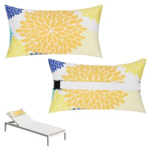 rasugarlary chaise head rest pillows set of 2, waterproof outdoor lounge pillow lumbar pillows with insert adjustable elastic strap decorative pillows for patio beach chair,yellow blue flower