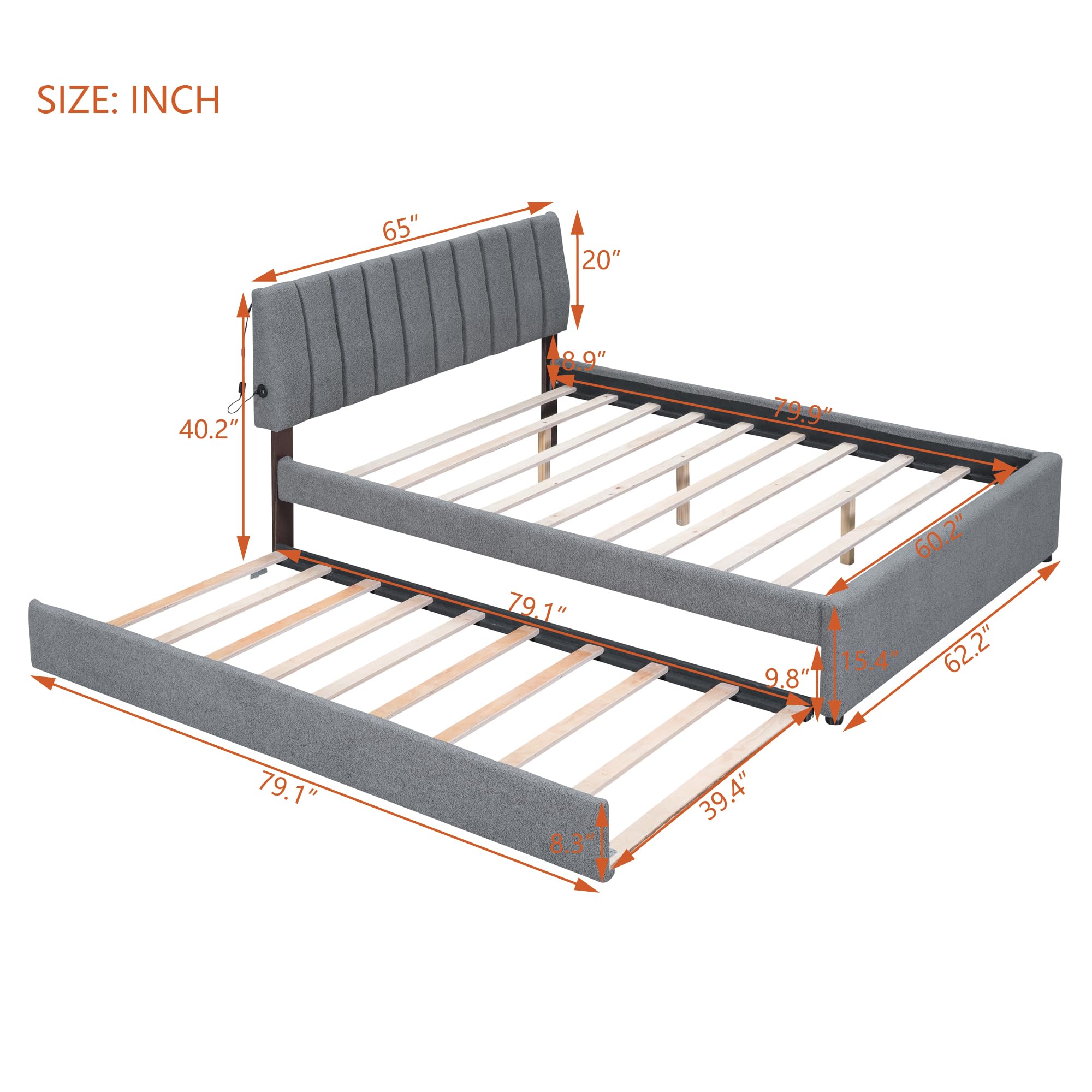 Brisca Queen Size Teddy Fleece Upholstered Platform Bed with Trundle and LED Light,Bed Frame W/Stripe Headboard,for Bedroom,Apartment,Guest Room,Gray