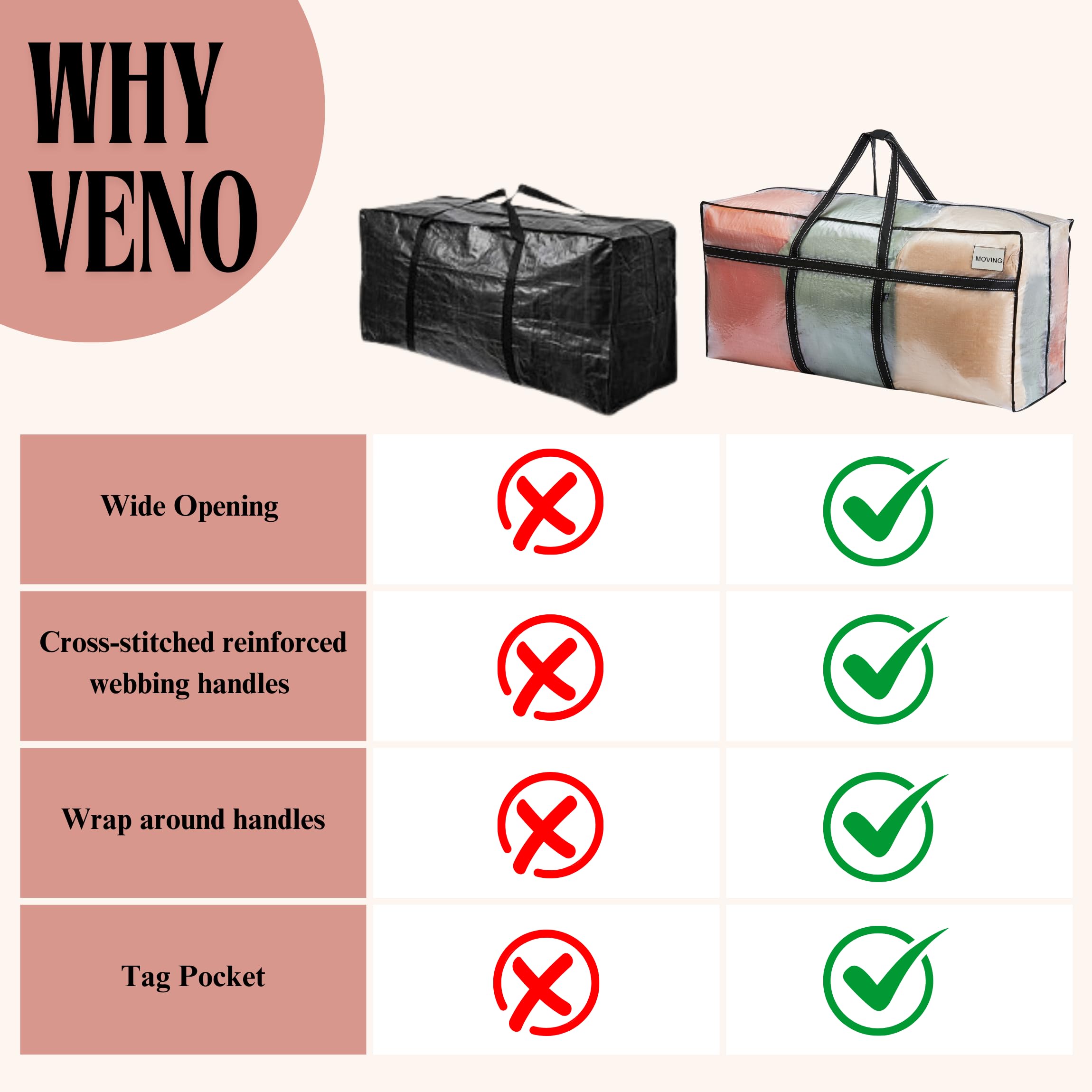 VENO 4 Pack Extra Large Moving Bags, Heavy Duty Storage, Moving Boxes, Large Storage Bins with Lids Alternative for College, Christmas Tree, Packing Supplies Essentials (Clear, 4 Pack)