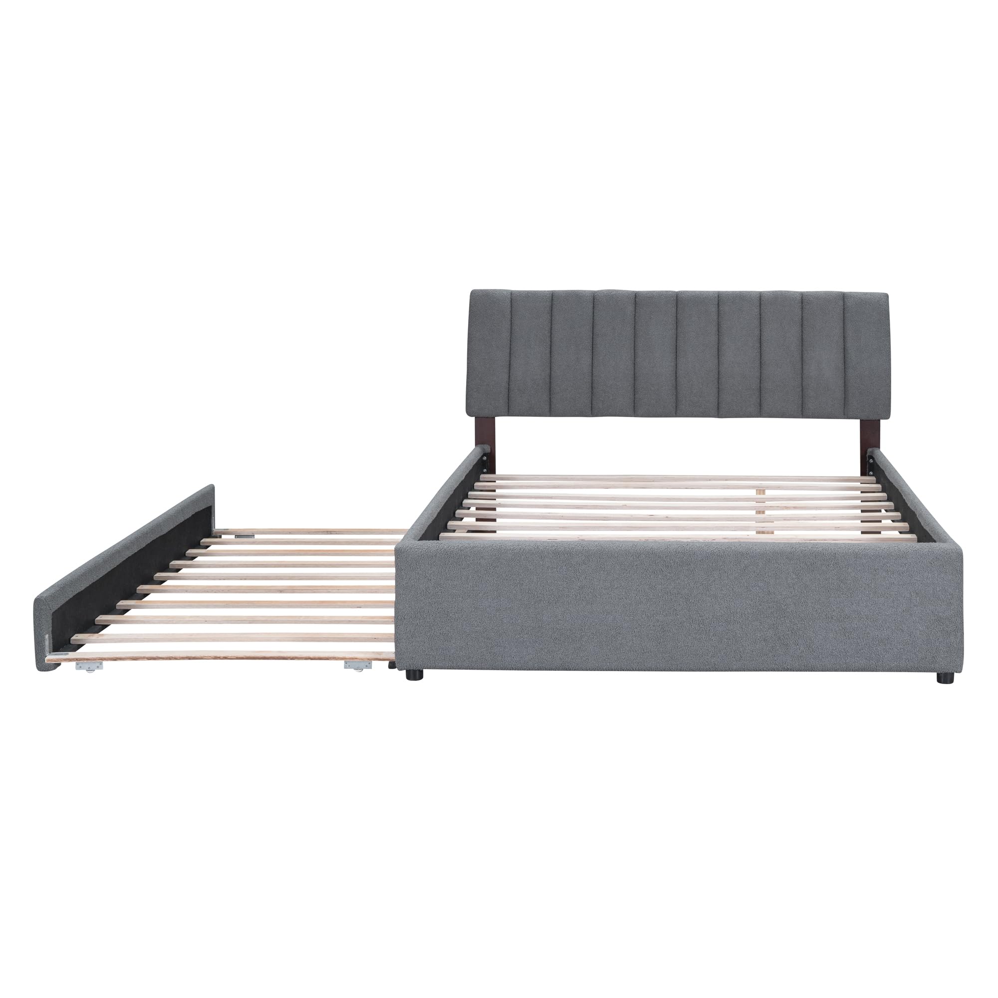 Brisca Queen Size Teddy Fleece Upholstered Platform Bed with Trundle and LED Light,Bed Frame W/Stripe Headboard,for Bedroom,Apartment,Guest Room,Gray