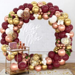 Burgundy Balloons Arch kits with Metallic Rose Gold and White Balloons for Wedding Valentines Day Women Birthday Bridal Baby Shower Wine Party Decorations