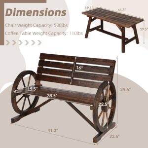 EPICOZY 2-Piece Wooden Wagon Wheel Bench Set with Coffee Table, 2-Person Rustic Wood Garden Bench W/Wagon Wheel Armrests & Slatted Backrest, Outdoor Patio Loveseat Furniture Set for Lawn Yard Park