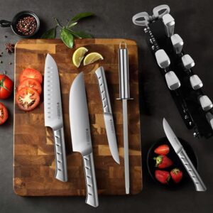 Block Knife Set, 15 PCS German Stainless Steel Sharp Kitchen Knives with Black Acrylic Stand, Professional Chef Knife Set with Steak Knives, Sharpener and Scissors