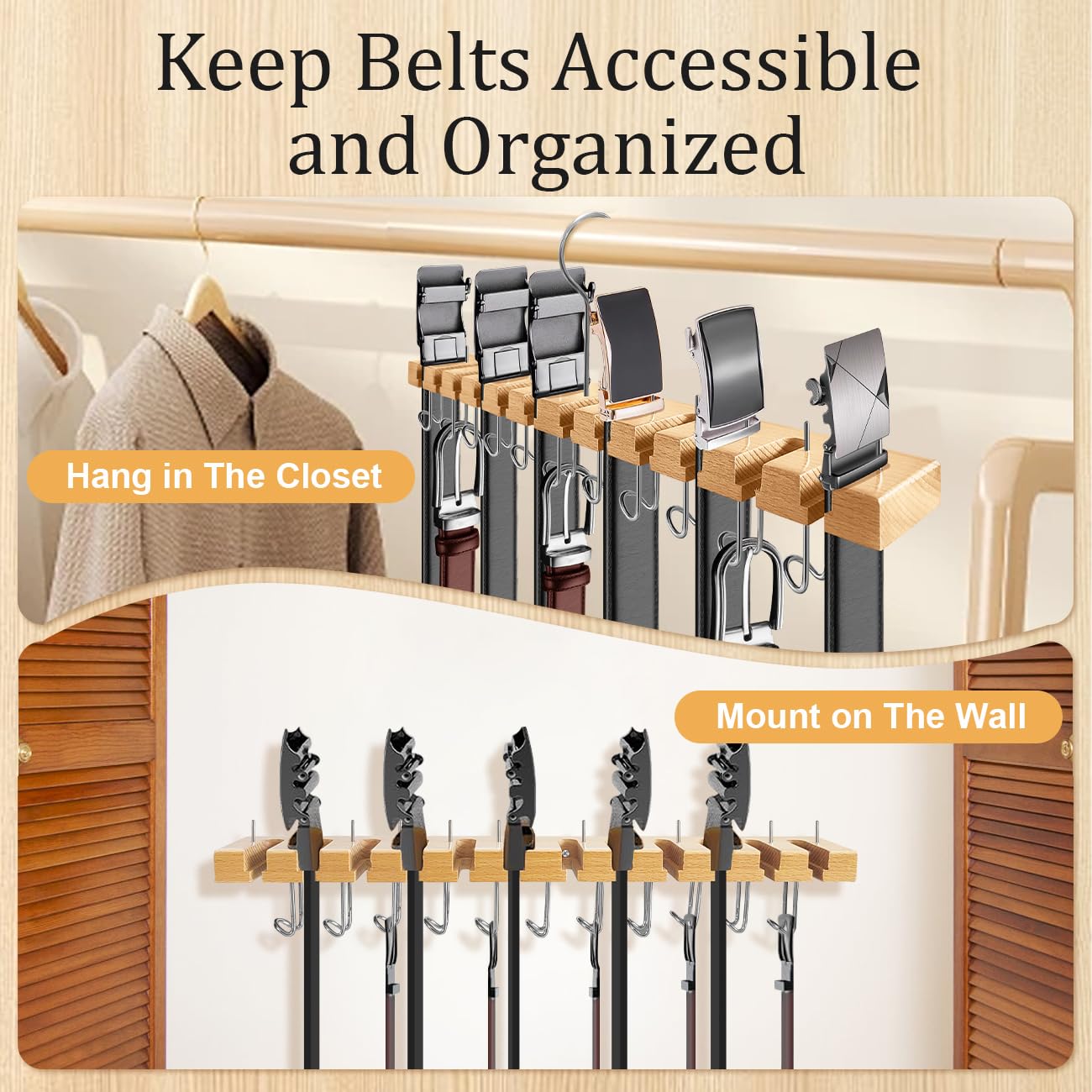 Wooden Belt Hanger for Closet 2-in-1 Wall Mount Belt Organizer Holder for Closet Organizer Storage, Ratchet Belt Rack Closet Accessories with 12 Slots & 11 Hooks