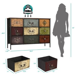 VASICAR Dresser for Bedroom with 9 Deep Fabric Drawers, Wide TV Stand Storage Cabinet, Colorful Chest of Drawers for Closet, Nursery, Entryway, Hallway