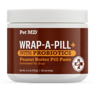 pet md wrap-a-pill with dog probiotics - pill wrap for dogs medicine - easy-to-use paste to hide capsules, create pockets and pill treats for dogs - peanut butter (4.2oz)