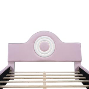 Jintop Full Size Upholstered Platform Bed with Built-in Round LED Headboard,Flannel Finish Wave Design Bed Frame,w/Slat Support,No Box Spring Needed,for Kids Teens Girls Boys Bedroom,Pink