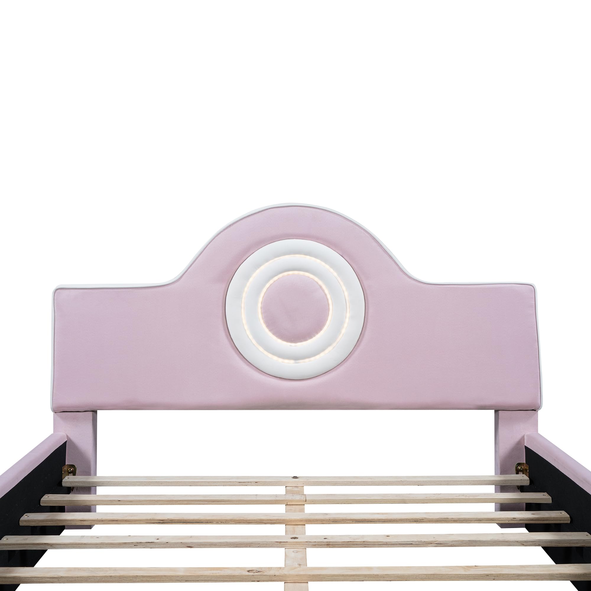 Jintop Full Size Upholstered Platform Bed with Built-in Round LED Headboard,Flannel Finish Wave Design Bed Frame,w/Slat Support,No Box Spring Needed,for Kids Teens Girls Boys Bedroom,Pink