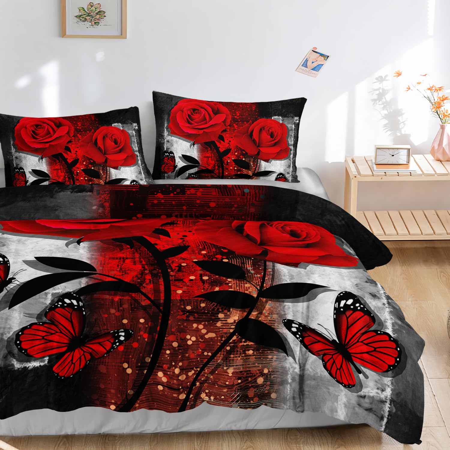 AILONEN Red Rose Duvet Cover Set King Size, Grey Retro Couple Rose Comforter Cover Set,3 Pieces Romantic Floral Butterfly Quilt Cover and 2 Pillowcases