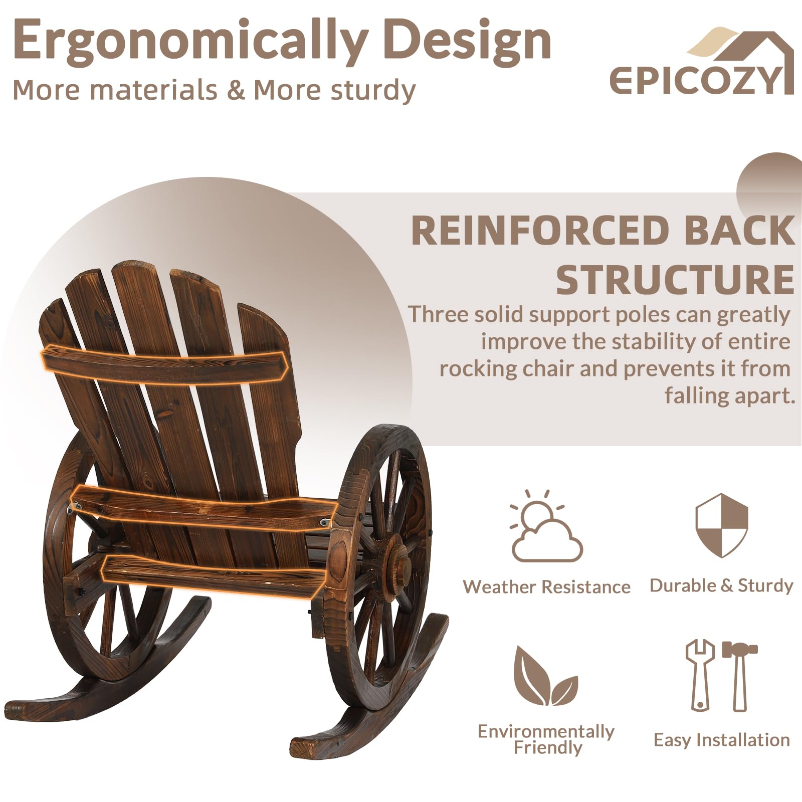 EPICOZY 2 Piece Outdoor Wood Wagon Rocking Chair, Patio Rustic Adirondack Porch Rocker with High Back & Slatted Seat, Carbonized Wood Rocker Chair with Wagon Wheel Armrest for Indoor, Backyard, Garden