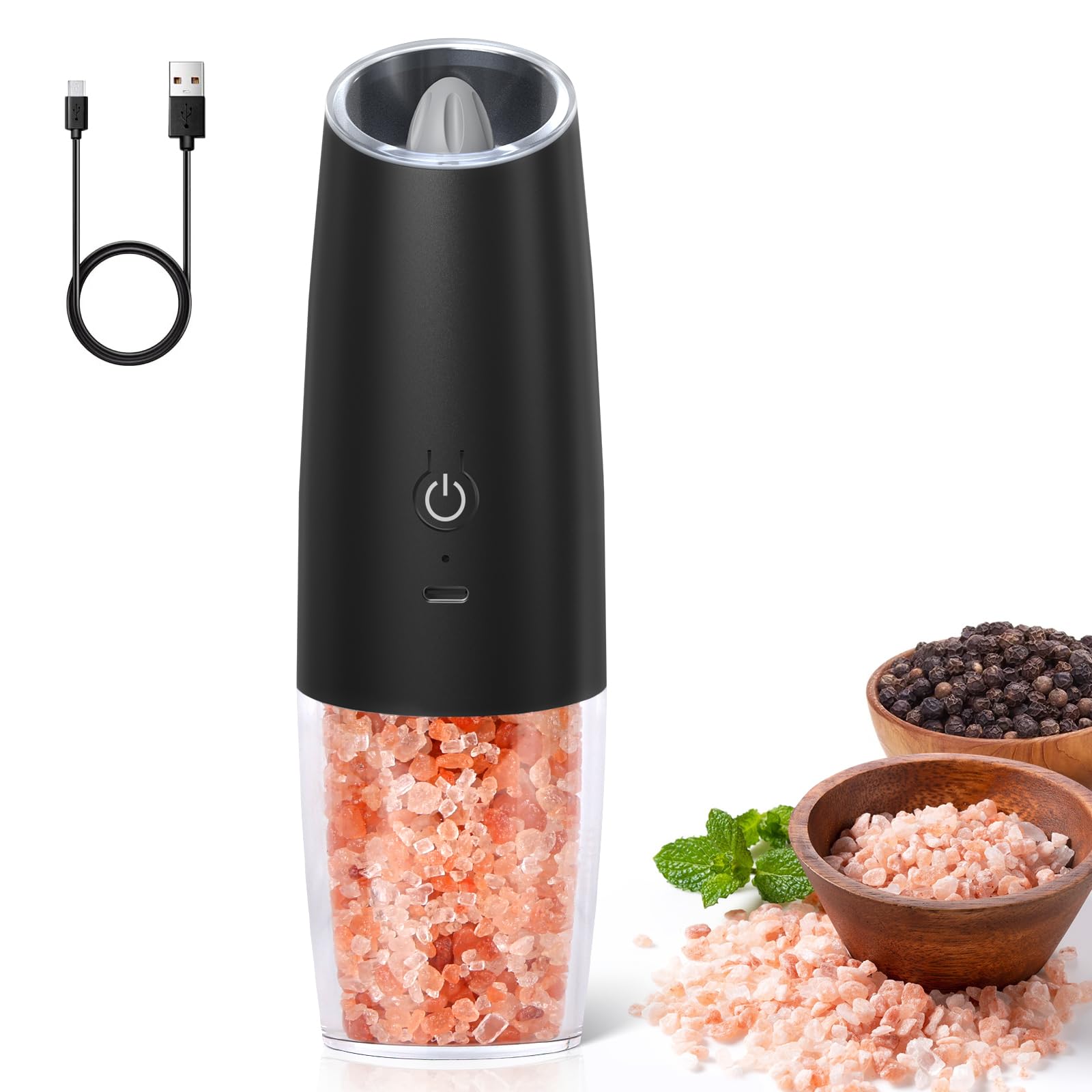 innhom Gravity Electric Salt Grinder Pepper Grinder Pepper Mill Automatic Salt and Pepper Grinder with Adjustable Coarseness USB Rechargable, 1 Pack