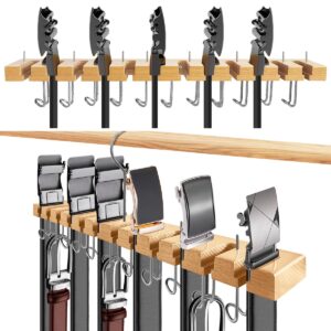 wooden belt hanger for closet 2-in-1 wall mount belt organizer holder for closet organizer storage, ratchet belt rack closet accessories with 12 slots & 11 hooks