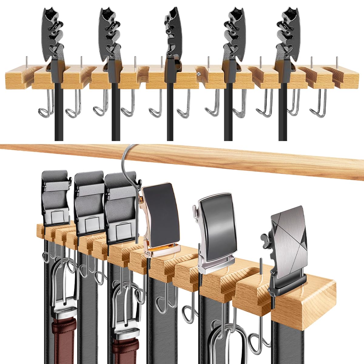 Wooden Belt Hanger for Closet 2-in-1 Wall Mount Belt Organizer Holder for Closet Organizer Storage, Ratchet Belt Rack Closet Accessories with 12 Slots & 11 Hooks