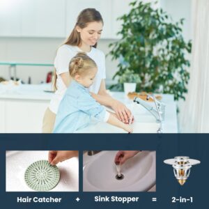 Branchery Sink Stopper Bathroom - Sink Pop Up Drain Plug - Small Bathroom Hair Drain Catcher - Anti Clogging Stainless Steel Drain Plug Strainer Cover to Keep Bugs Out Fit 1.04-1.97 Inch Drain Hole