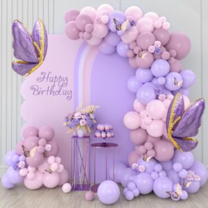 purple butterfly balloon arch garland kit 133pcs pastel purple pink balloons with 2pcs butterfly foil balloons for butterfly birthday party decorations baby shower decorations for girls