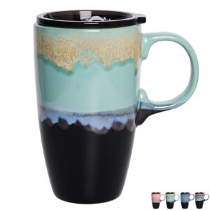 bosmarlin ceramic travel coffeel mug with handle and lid, 18 oz, portable coffee cup for car cup holder, microwave and dishwasher safe, reactive glaze (pastel blue)