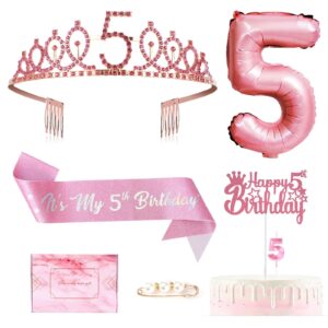 5th pink birthday decorations for girls,including 5th birthday sash,rhinestone 5th birthday girl crown tiara,cake topper,number candle ,balloon,5 year old birthday gifts for girl party favor supplies