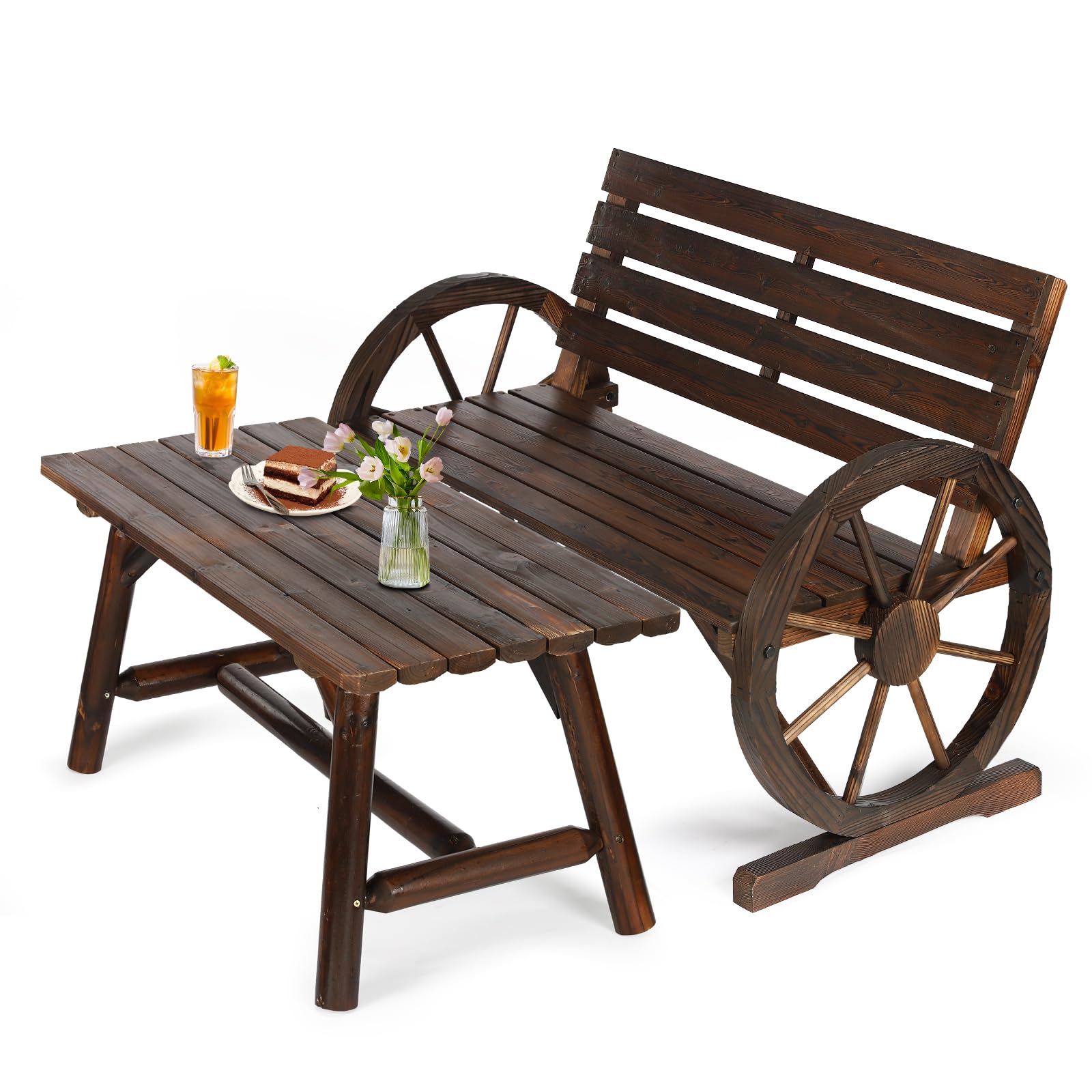 EPICOZY 2-Piece Wooden Wagon Wheel Bench Set with Coffee Table, 2-Person Rustic Wood Garden Bench W/Wagon Wheel Armrests & Slatted Backrest, Outdoor Patio Loveseat Furniture Set for Lawn Yard Park