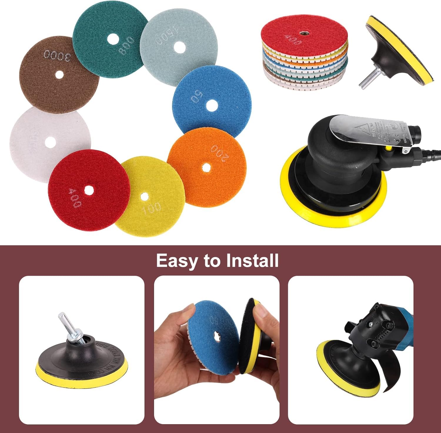 Marble Polishing Kit, 4-inch Diamond Polishing Pads, 12 Pieces Wet/Dry Granite Stone 50-6000 Grit Polishing Pads, Suitable for Polishing Granite and Marble Countertops (12 Pcs Diamond Polishing Pads)