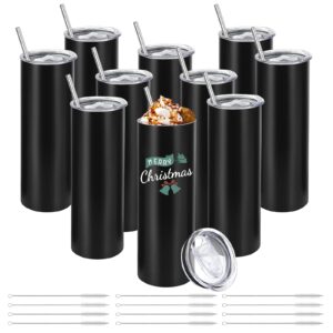 youke ola 10 pack stainless steel skinny tumblers 30oz bulk straight double wall insulated tumbler with lid and straw for travel, diy gift, black