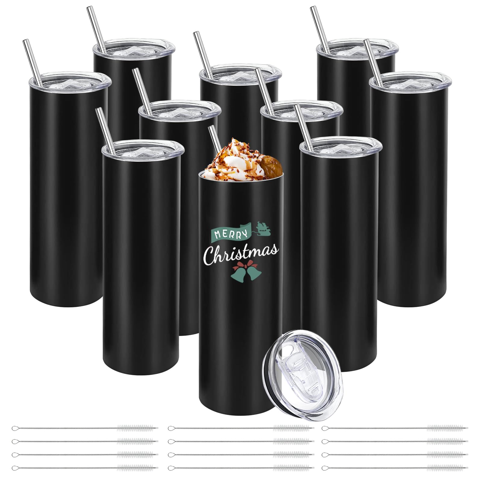 YOUKE OLA 10 Pack Stainless Steel Skinny Tumblers 30oz Bulk Straight Double Wall Insulated Tumbler with Lid and Straw for Travel, DIY Gift, Black