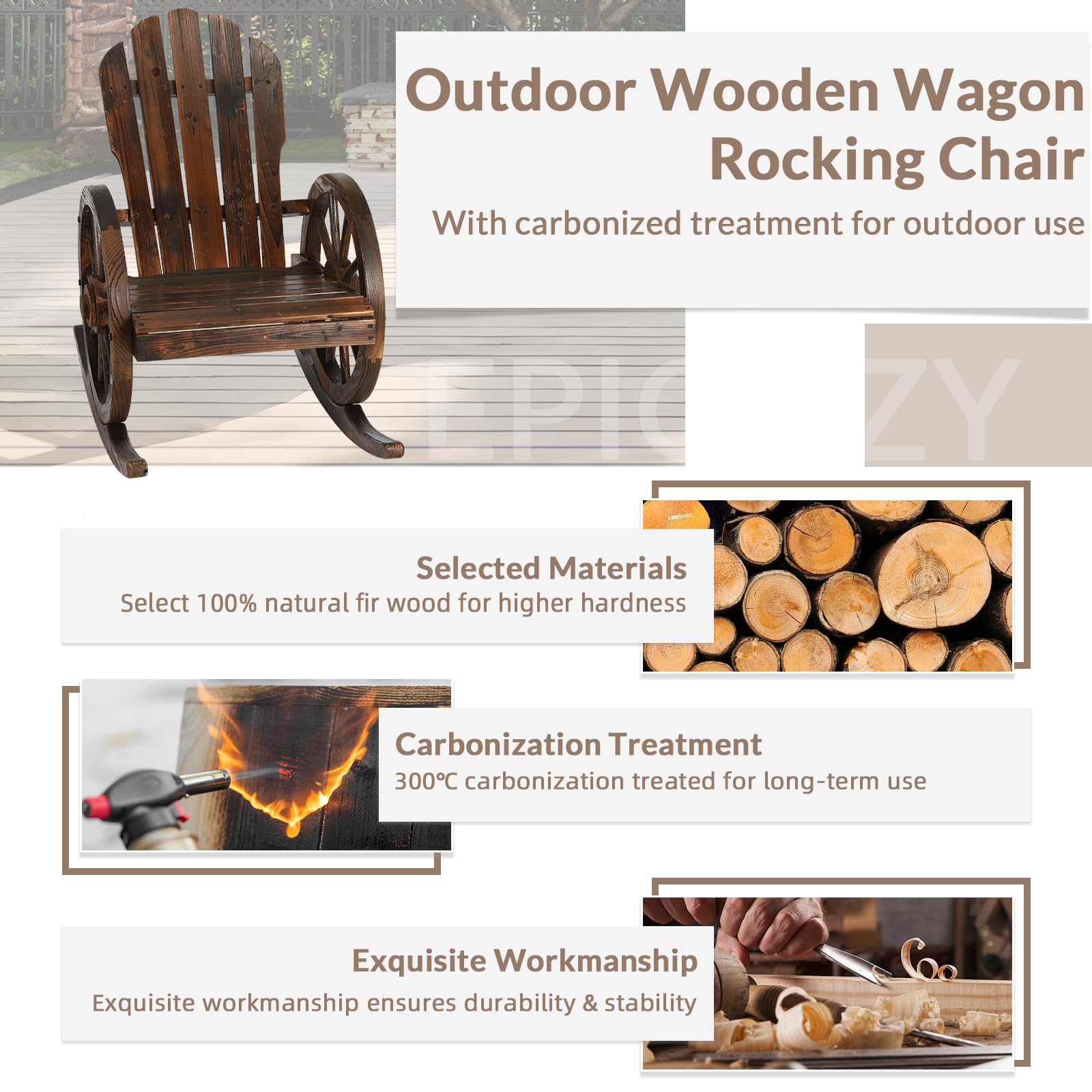 EPICOZY 2 Piece Outdoor Wood Wagon Rocking Chair, Patio Rustic Adirondack Porch Rocker with High Back & Slatted Seat, Carbonized Wood Rocker Chair with Wagon Wheel Armrest for Indoor, Backyard, Garden