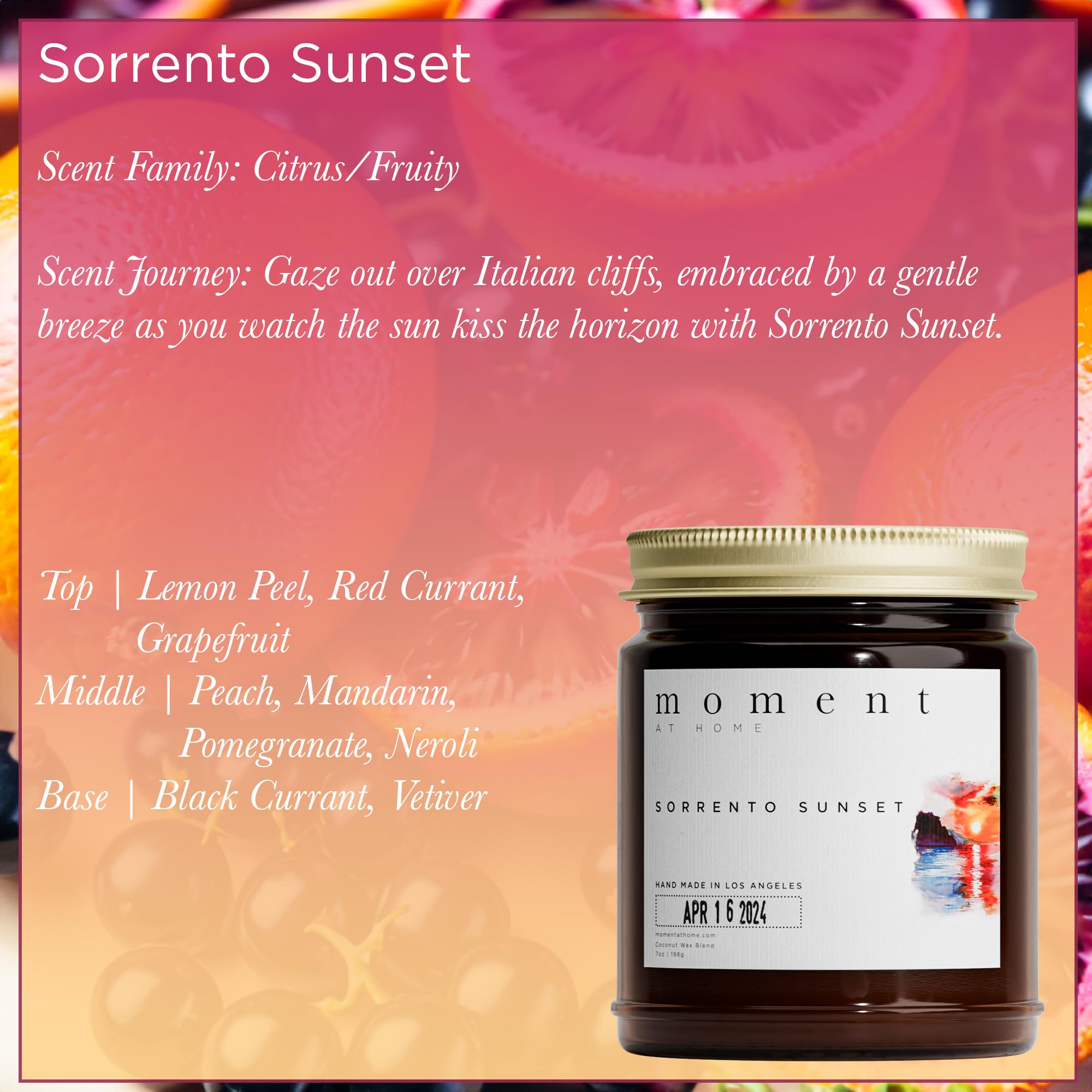 Moment At Home Sorrento Sunset Red Currant and Blood Orange Scented Jar Candle | Natural, Non Toxic Coconut Wax Candle | Hand Poured in The USA | 7oz up to 50 Hour Burn Time